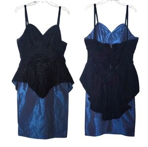 VTG 80s Velvet Taffeta Peplum Dress Black Blue Goth Prom Union Made SZ 11/12